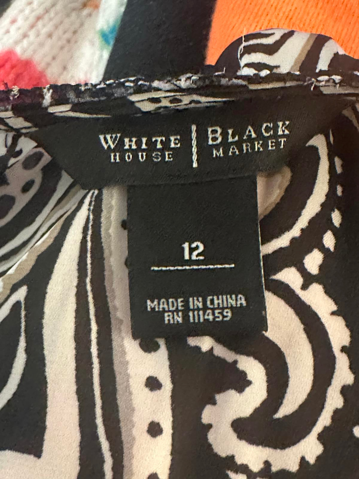 White House Black Market boho chic black/white satin peasant blouse Size 12