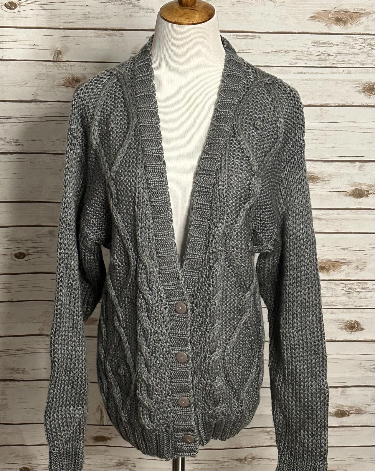 Vintage Visions grey V-neck chunky hand/cable-knit cardigan sweater Size M/L