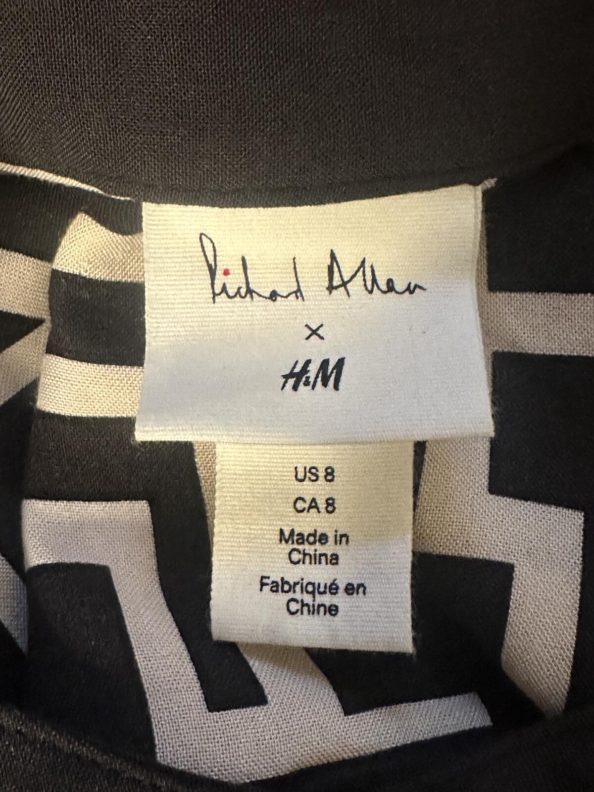 Richard Allen x H&M black cream maze print long sleeve tunic dress Size 8 mod
