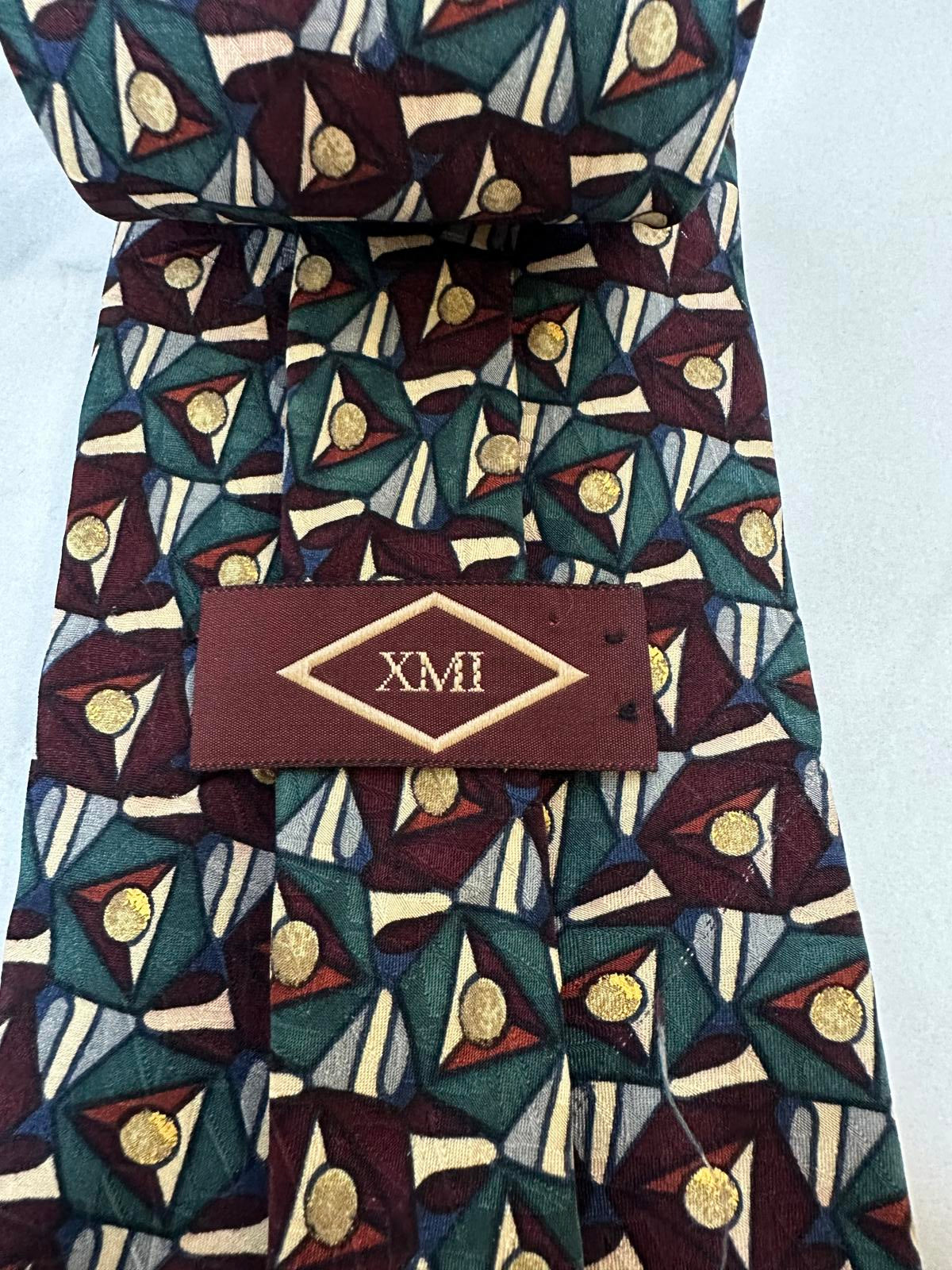 Vintage XMI art deco burgundy/teal/gold/cream bold geometric silk necktie