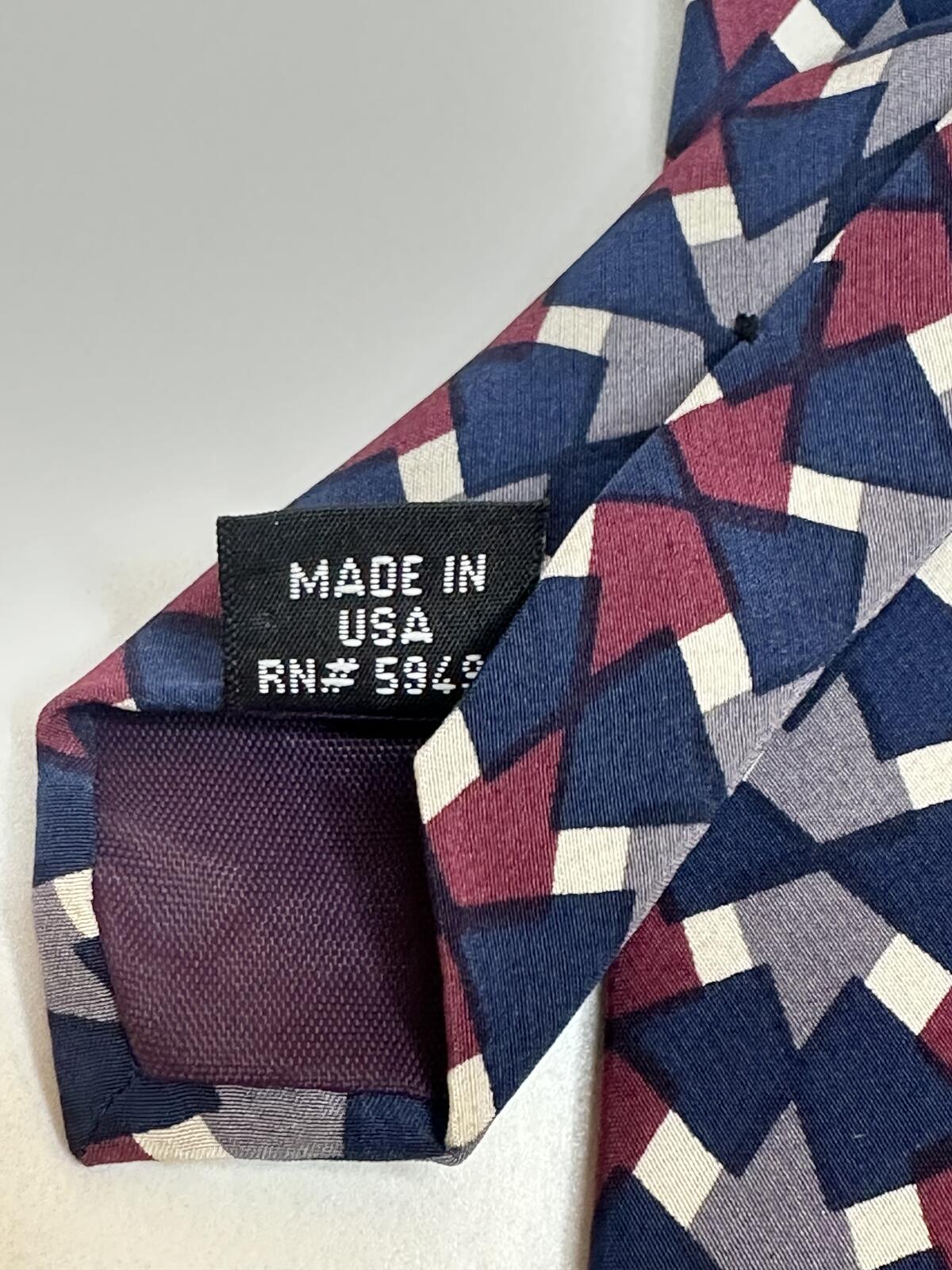 Vintage Ted Lapidus 100% silk tie navy/burgundy/grey/cream geometric made in USA