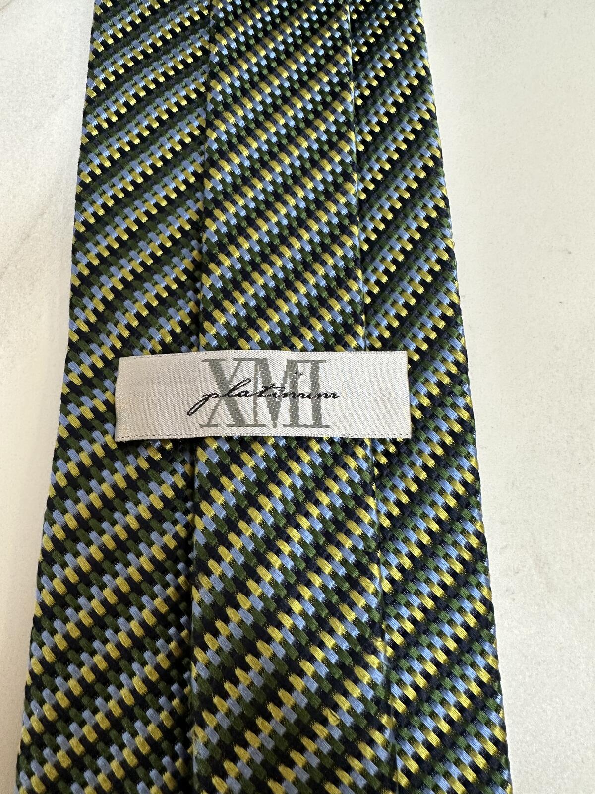 Vintage XMI Platinum 100% English silk tie blue green gold geometric check corpcore