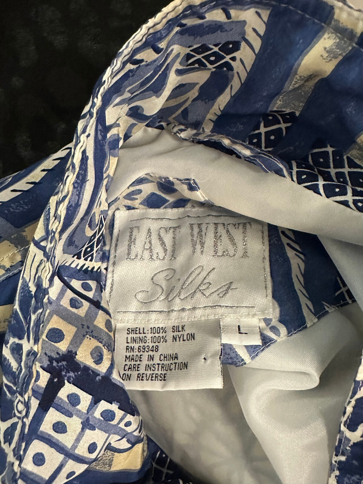 Vintage East West Silks blue white geometric 100% silk bomber-style jacket Large