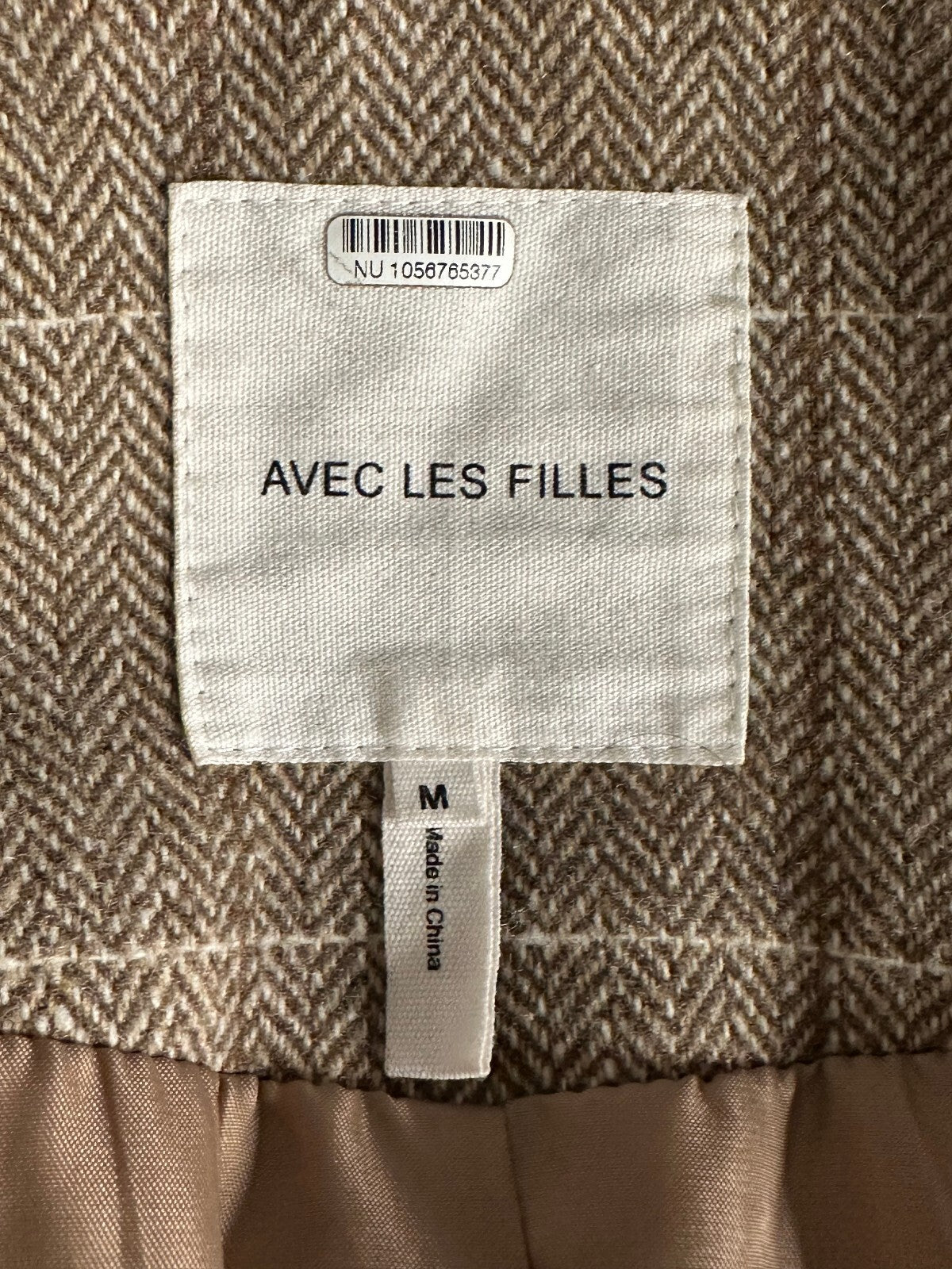 Avec Les Filles taupe herringbone long cable-knit sleeve wool-blend blazer Medium