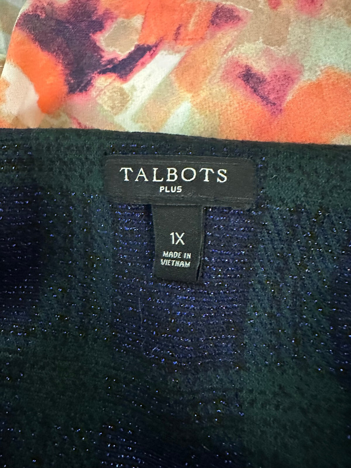 Talbots metallic navy green plaid 3/4 length sleeve gold zipper top 1X preppy