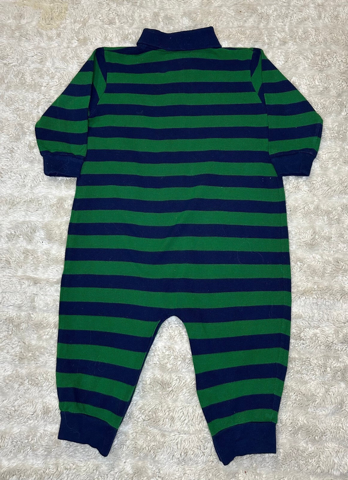 Polo by Ralph Lauren navy green striped rugby-style one-piece/romper 18M preppy