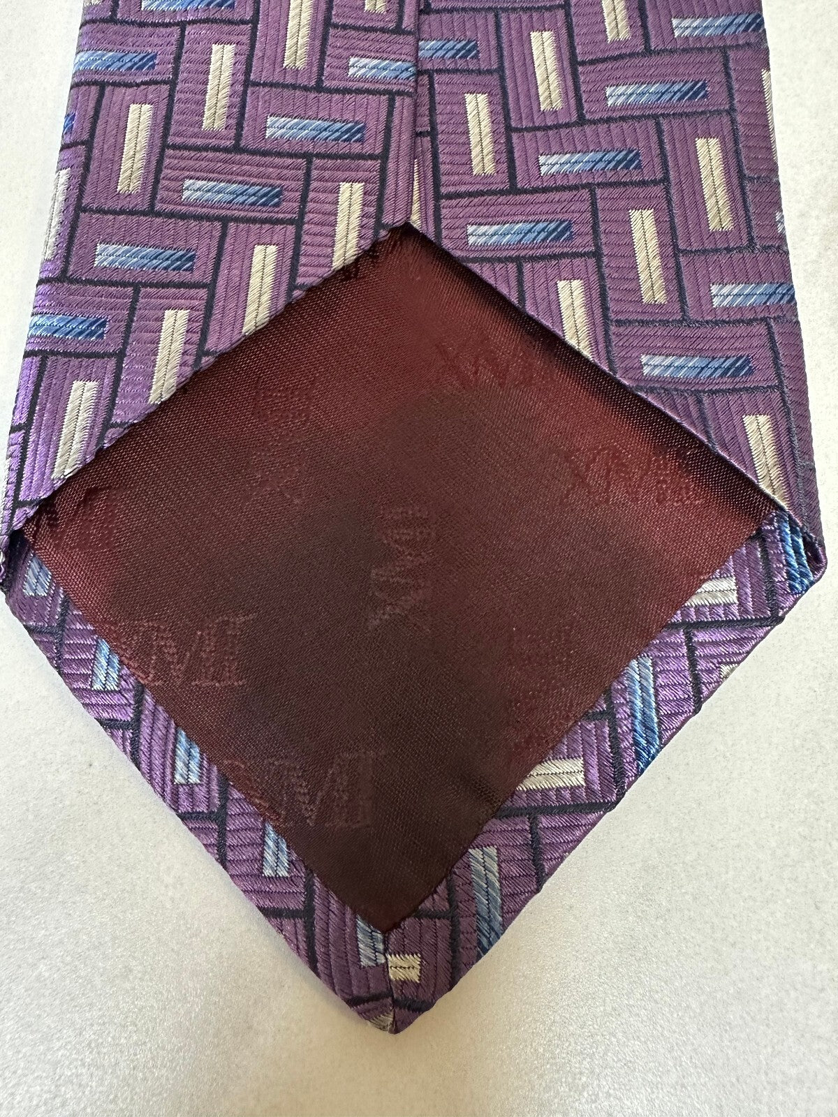 Vintage XMI for Nordstrom purple blue white geometric 100% Italian silk tie