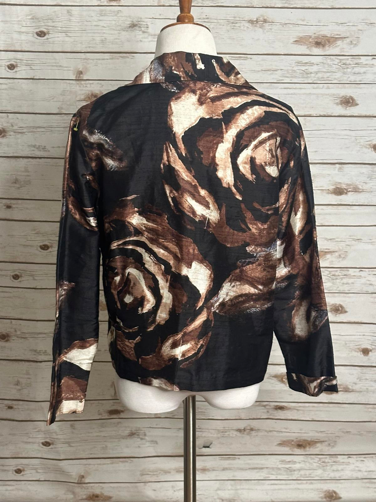 Chico's artsy black and brown watercolor floral silk open jacket Size 1/Med/8