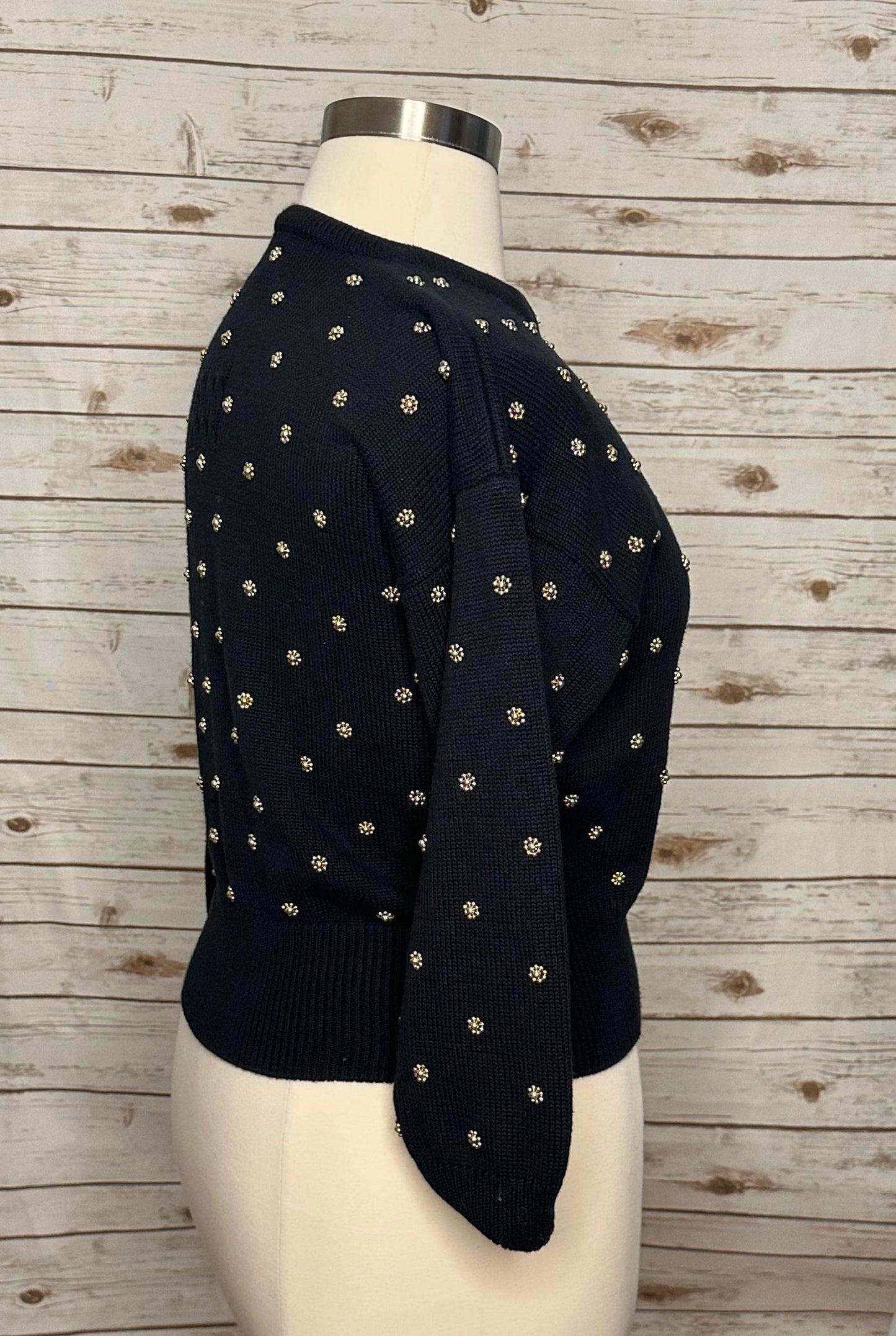 Vtg Marissa Christina Classic navy blue gold beading cardigan sweater Size Large