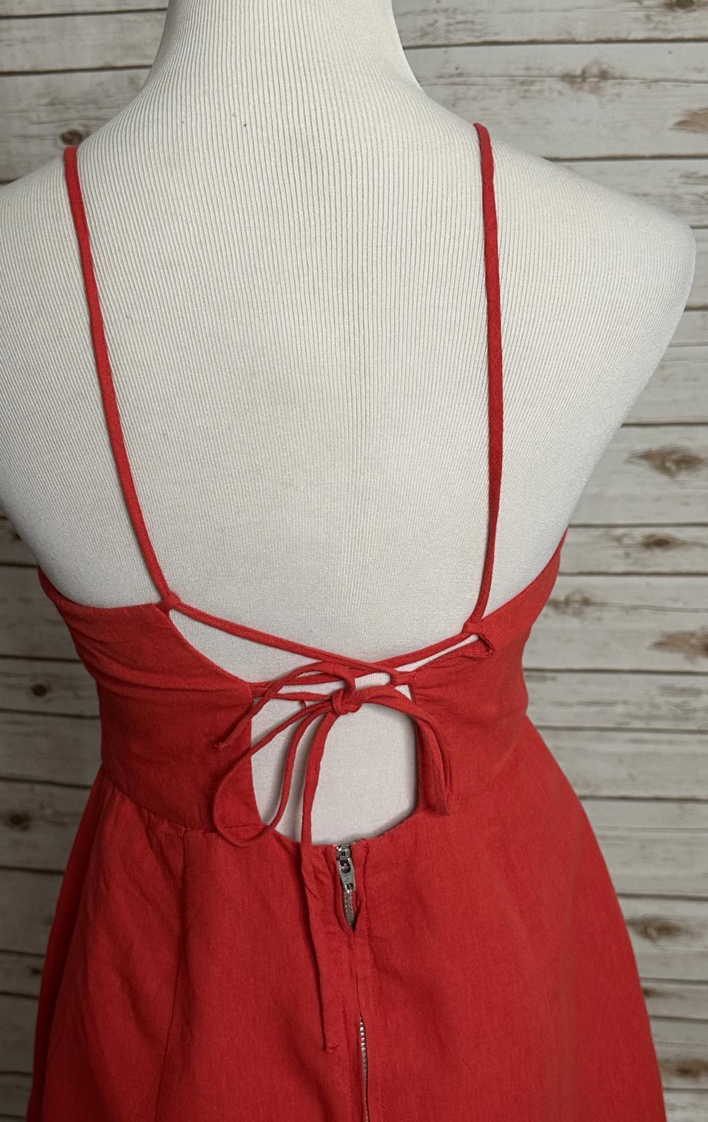 Zara red linen-cotton blend lace-up back mini dress Size Medium