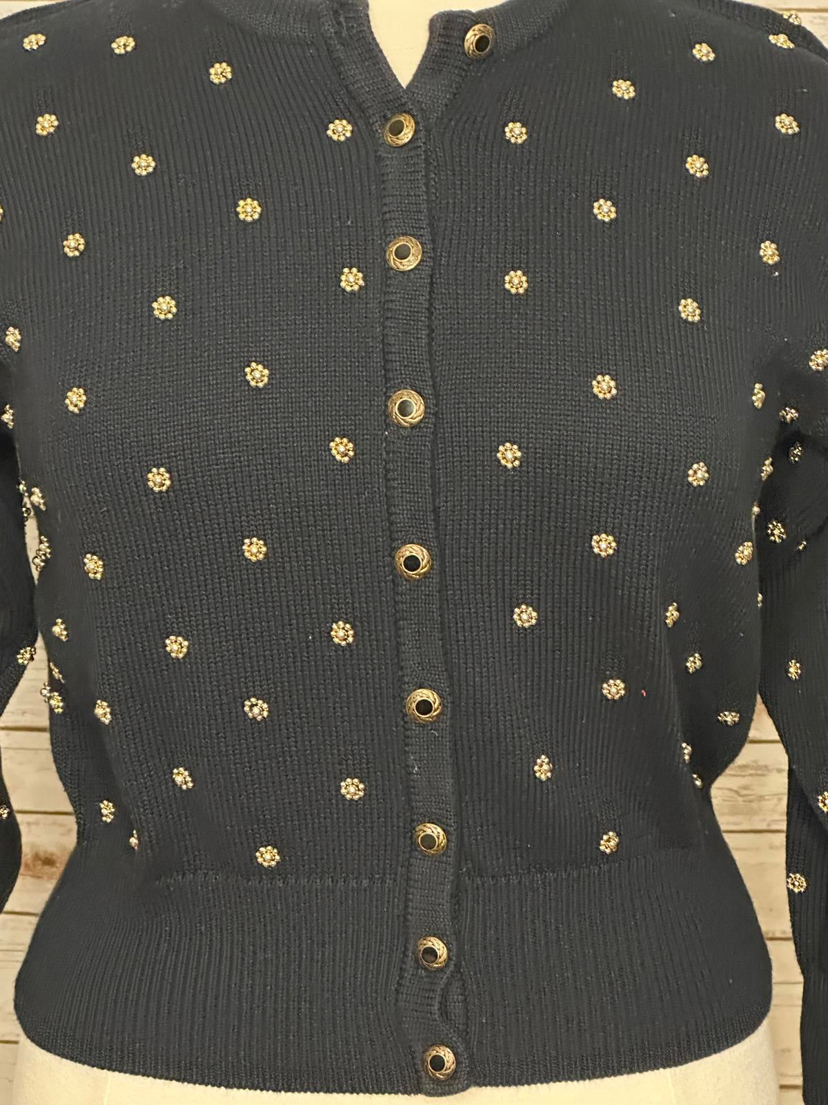 Vtg Marissa Christina Classic navy blue gold beading cardigan sweater Size Large