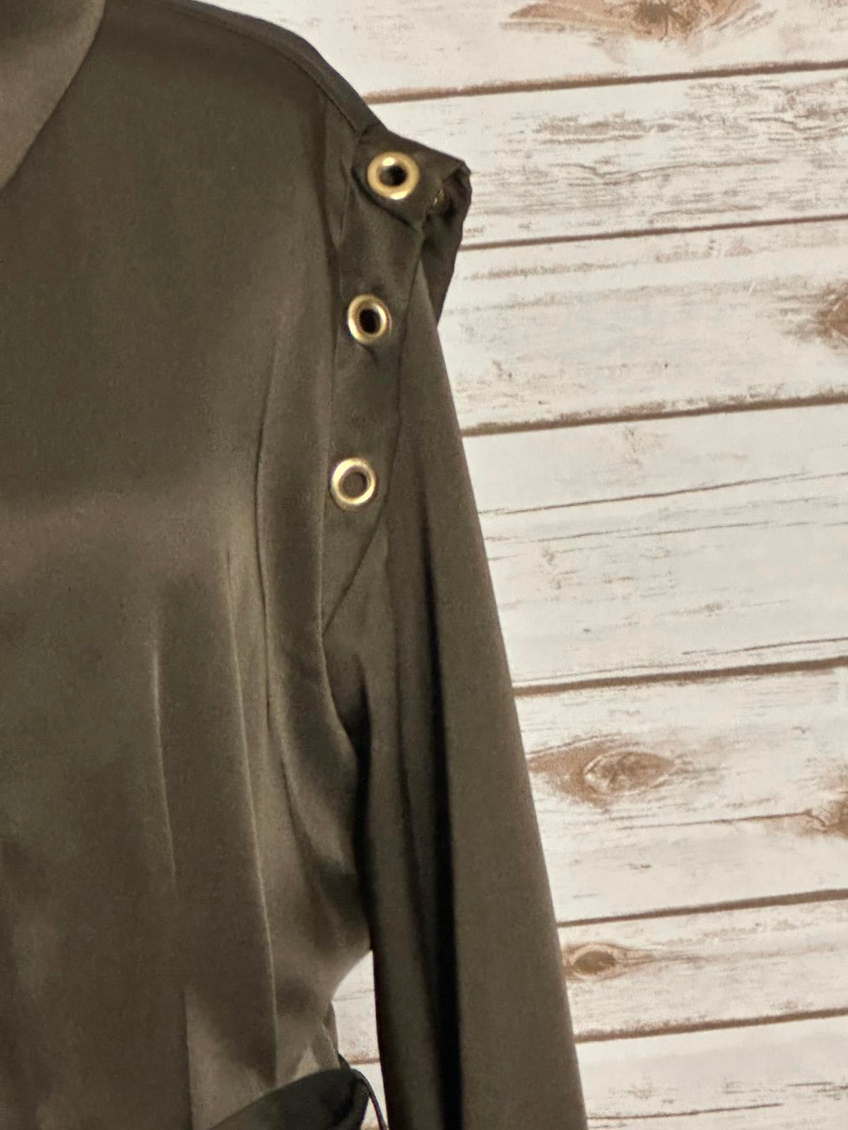 Zara olive green satin grommet detail belted Ring Trim maxi shirtdress Size M