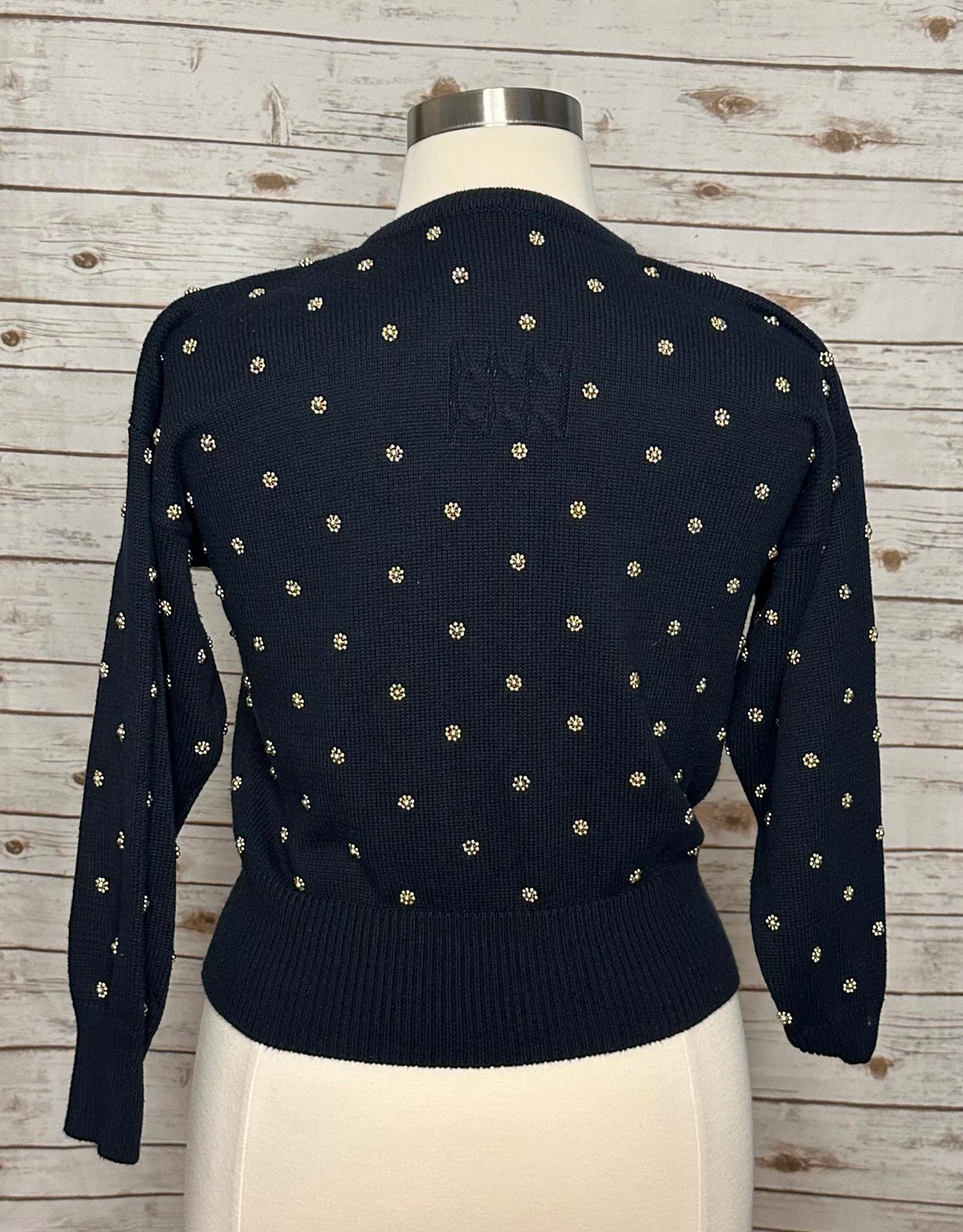 Vtg Marissa Christina Classic navy blue gold beading cardigan sweater Size Large