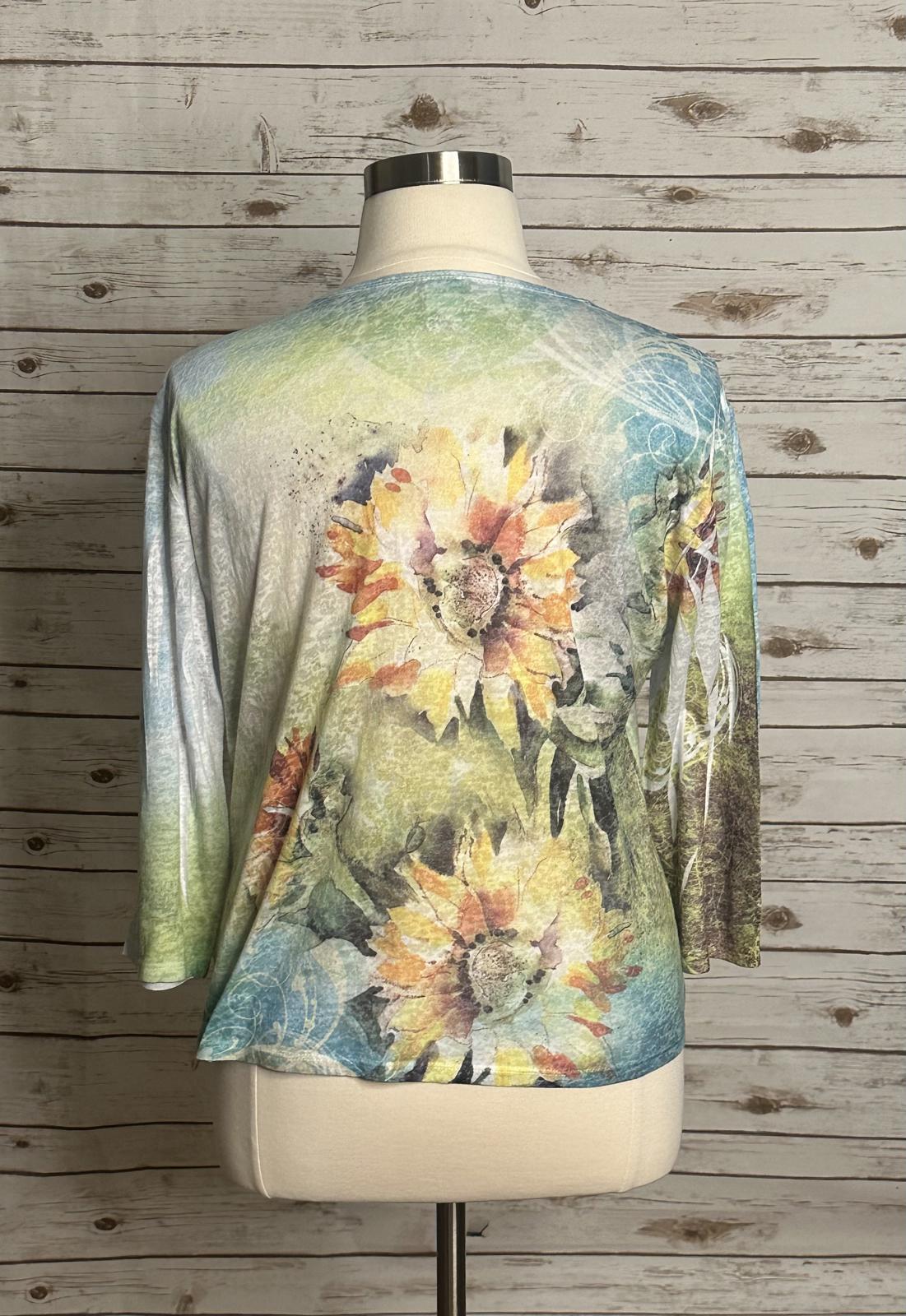 Vintage Jess & Jane burnout studded and beaded V-neck Sunflowers t-shirt Size XL