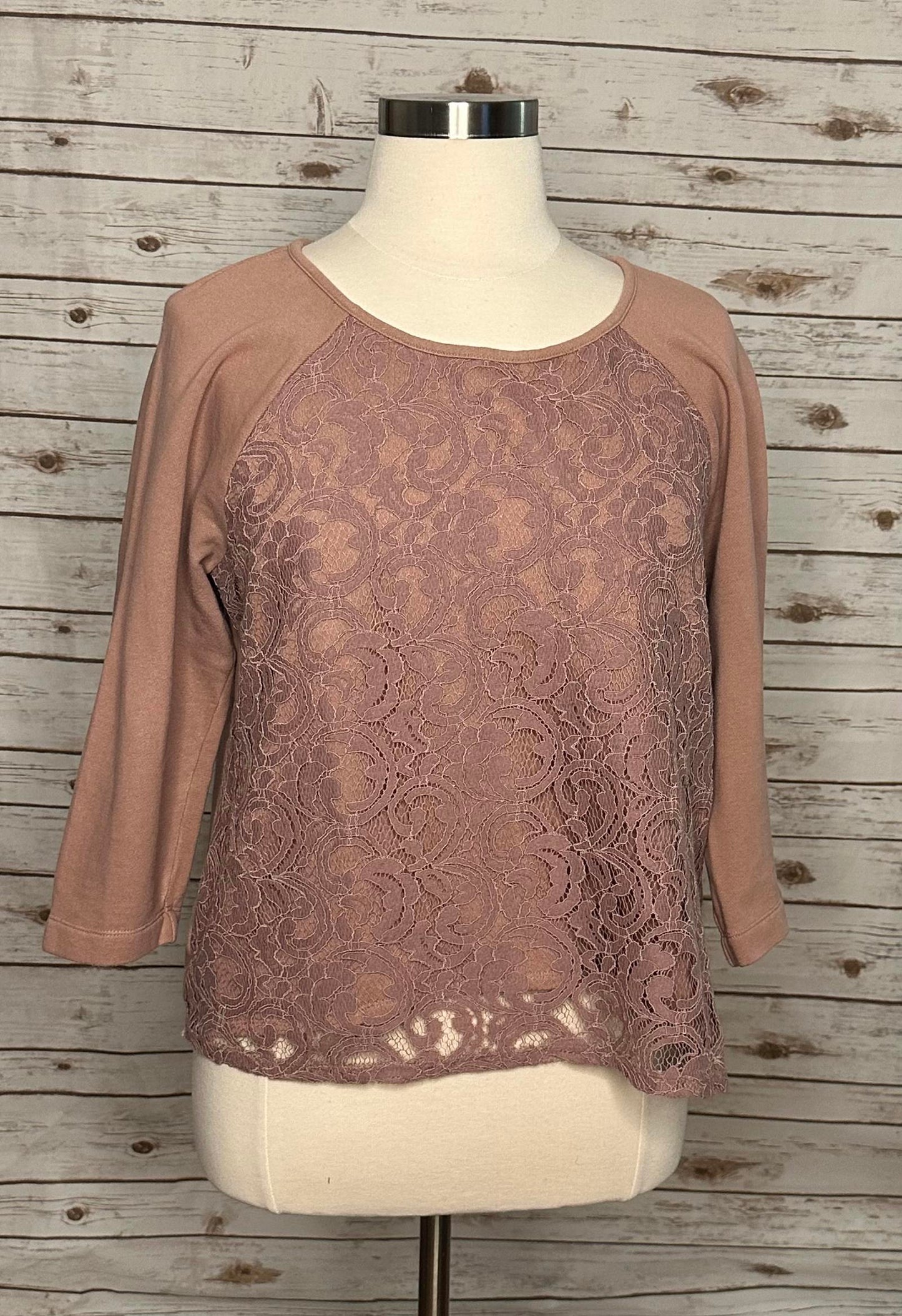 LOFT mauve cotton lace overlay fleece top Size XL