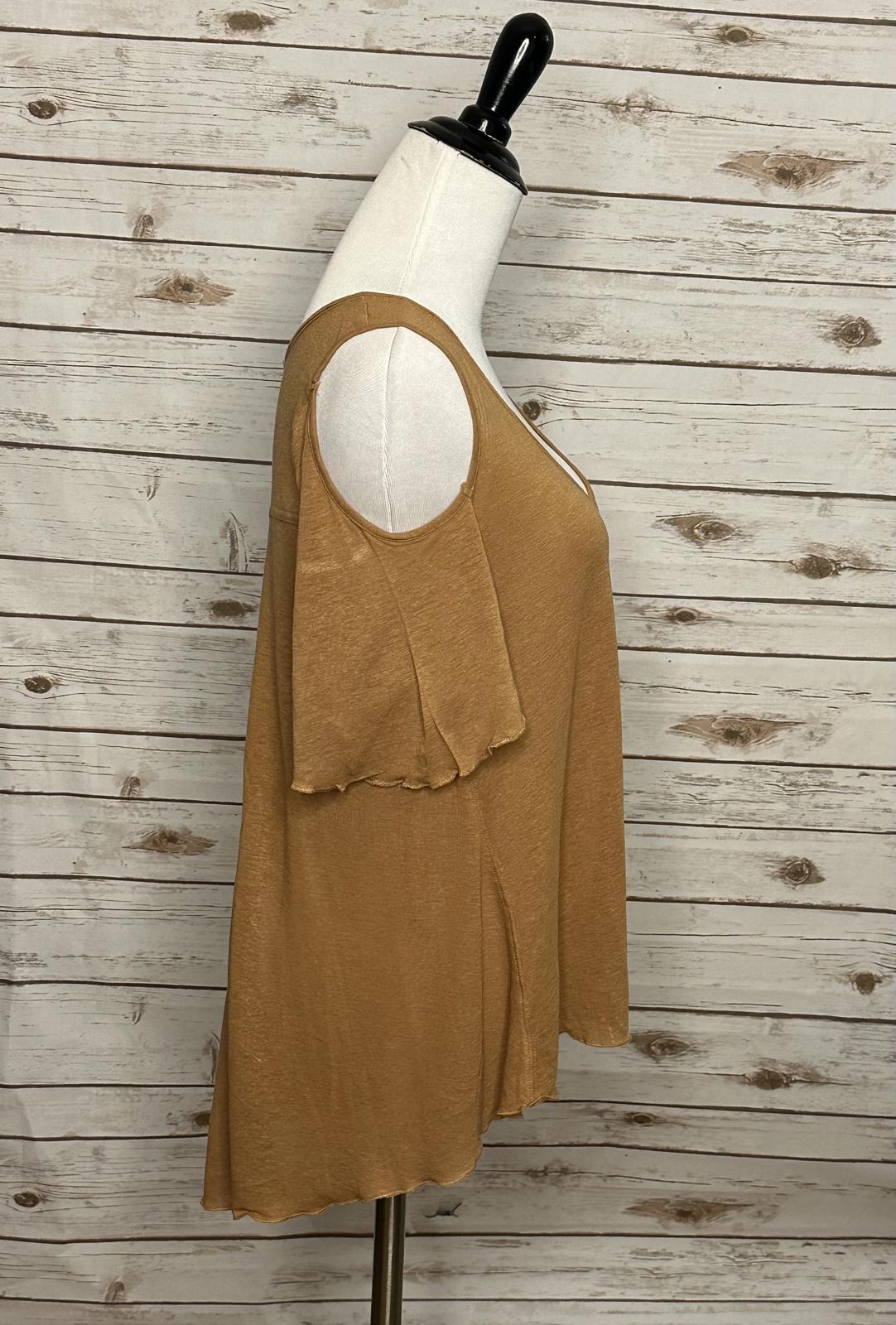 Free People tan lagenlook boho Bittersweet linen-blend cold shoulder top Size XS