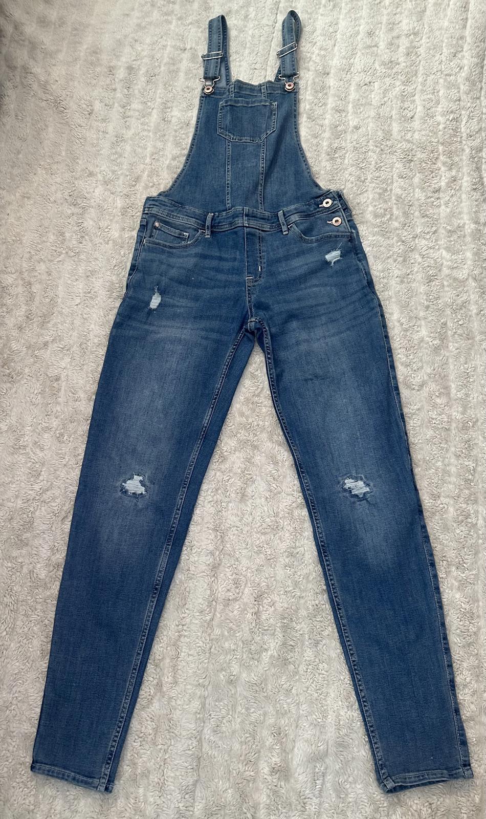 Abercrombie Kids medium wash distressed bib-style denim overalls Size 15/16