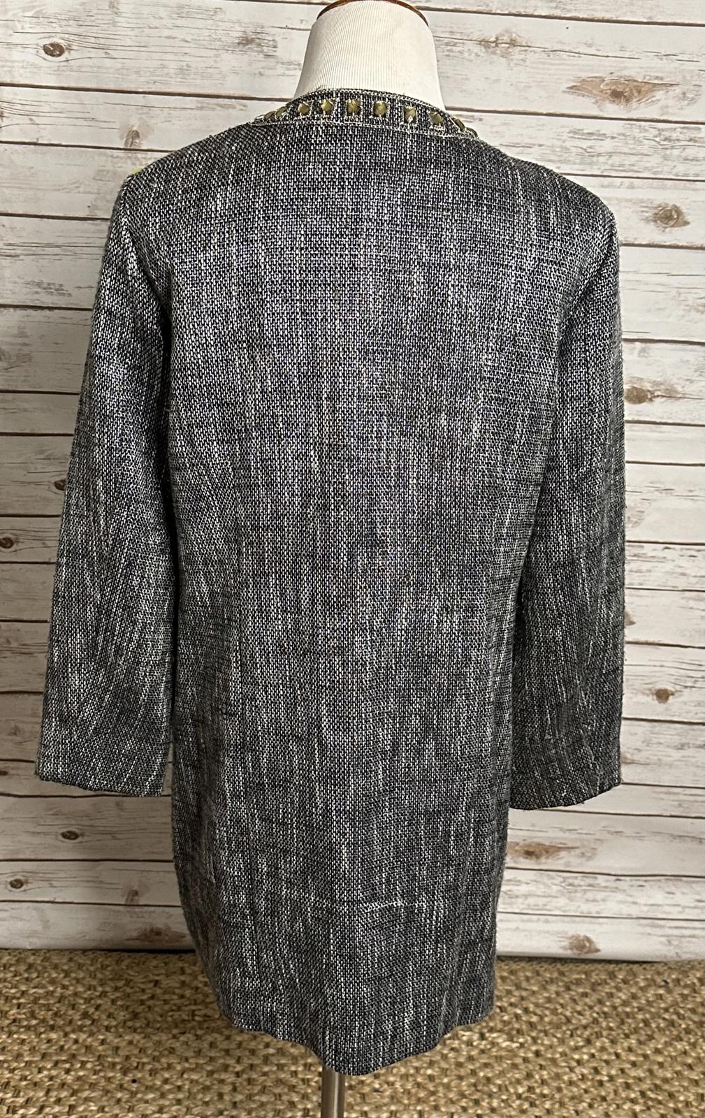 Chico's corpcore grey/black/white metallic tweed open front overcoat Size 2/Large/12