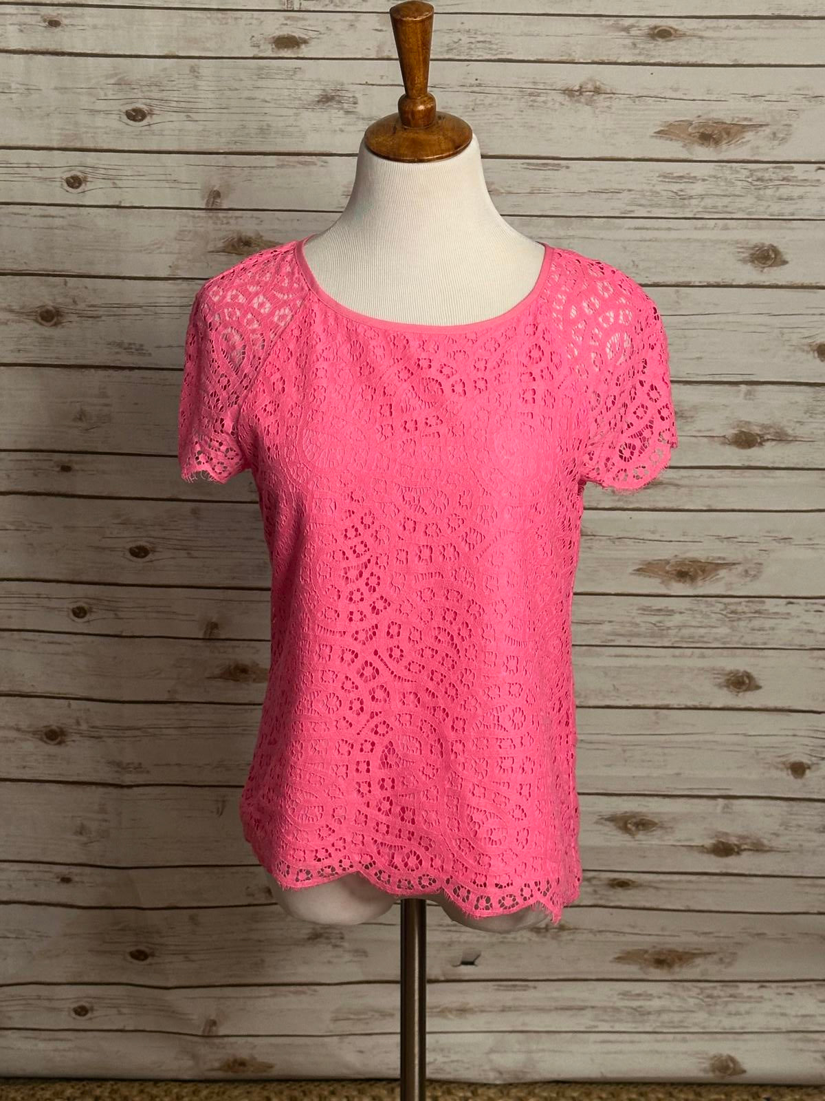 J. Crew classic bright pink coquette Rainbow Lace short sleeve blouse Size 4