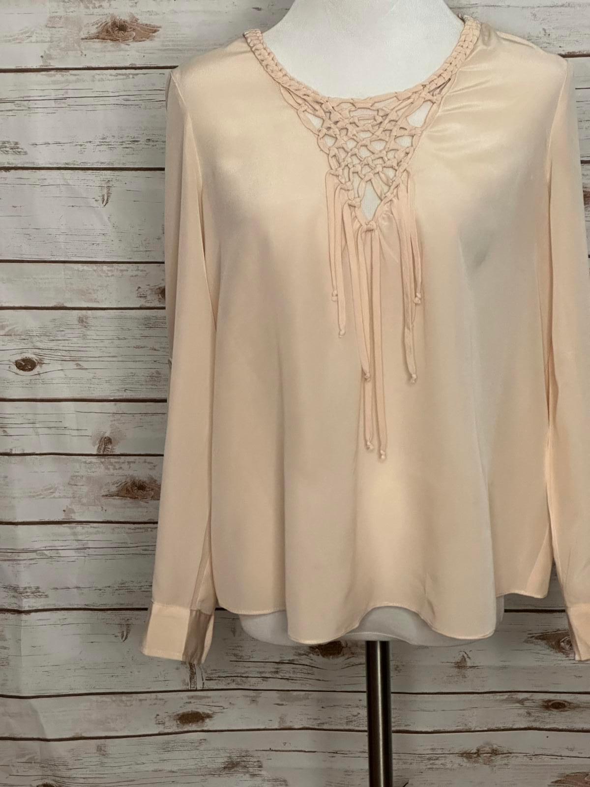 Rebecca Taylor blush open back braided tassel neckline silk blouse Size 6