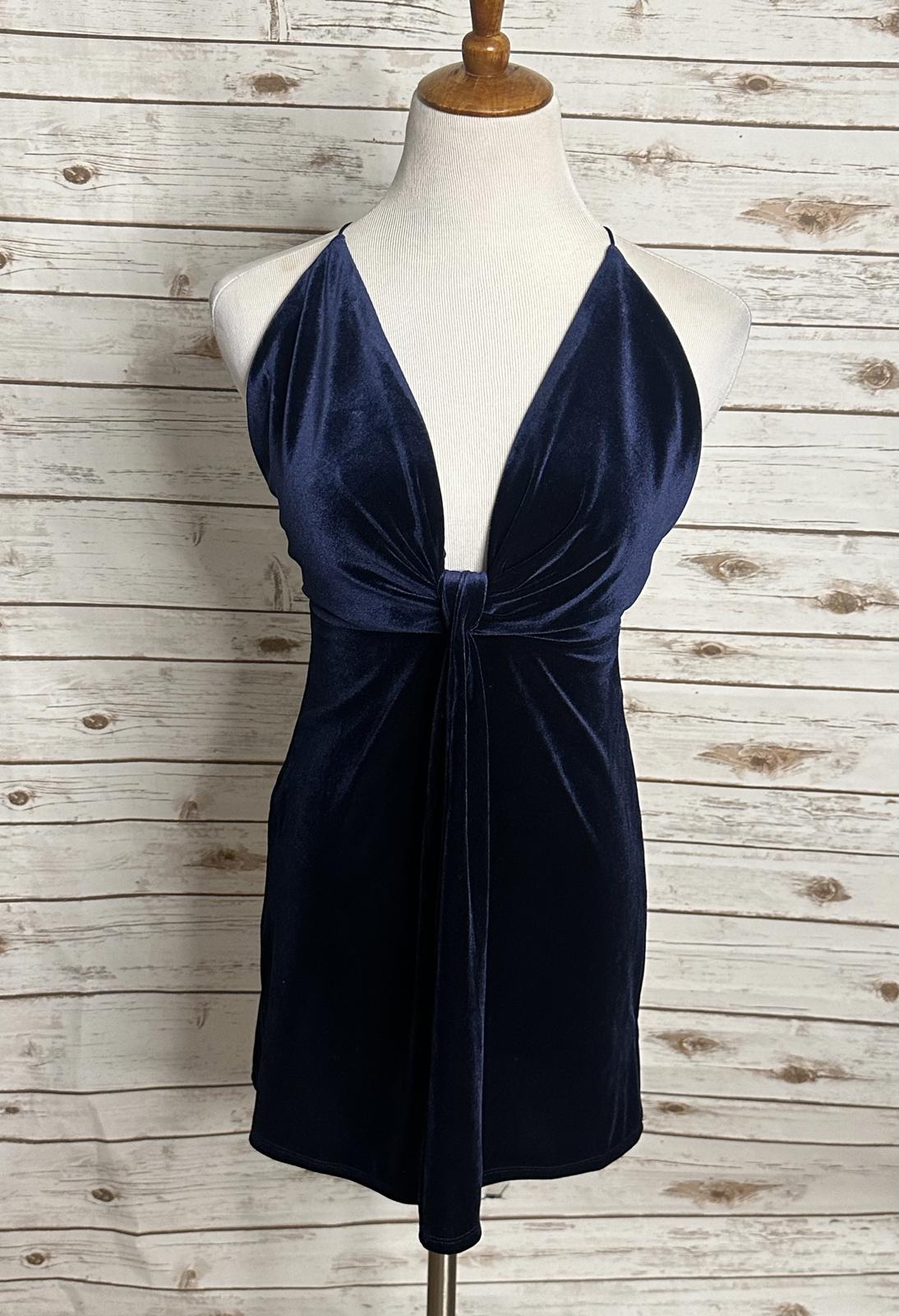 Cotton Candy LA dark blue goth halter draped front velvet mini dress Size Small