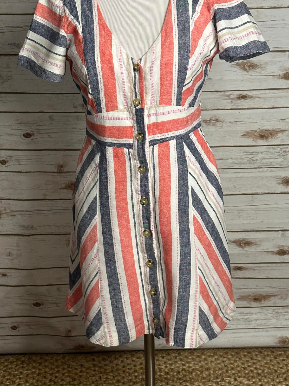 Parker Kacey casual striped V-neck linen-blend button front mini dress Size 8