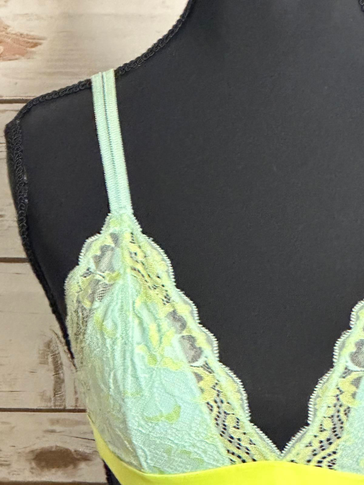 PINK Victoria's Secret mint green/neon yellow lace triangle bralette Size Medium