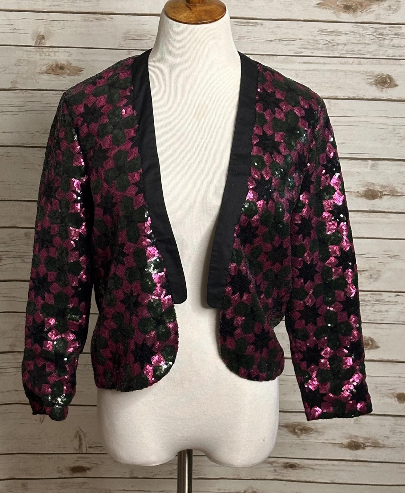 ASOS fuchsia/green geometric sequin open tuxedo jacket Size 8
