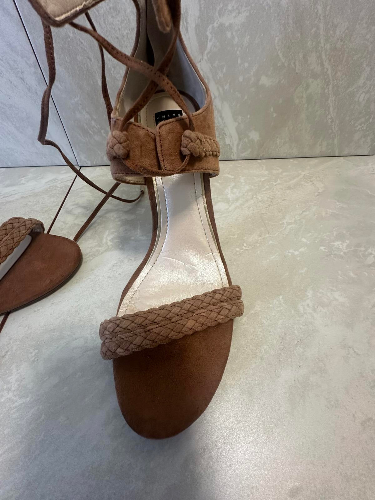 White House Black Market Serenity tan suede lace-up ankle heel sandals Size 8M