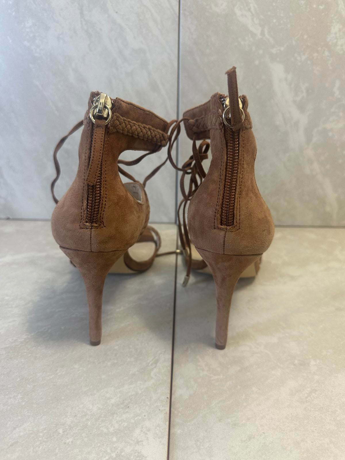 White House Black Market Serenity tan suede lace-up ankle heel sandals Size 8M