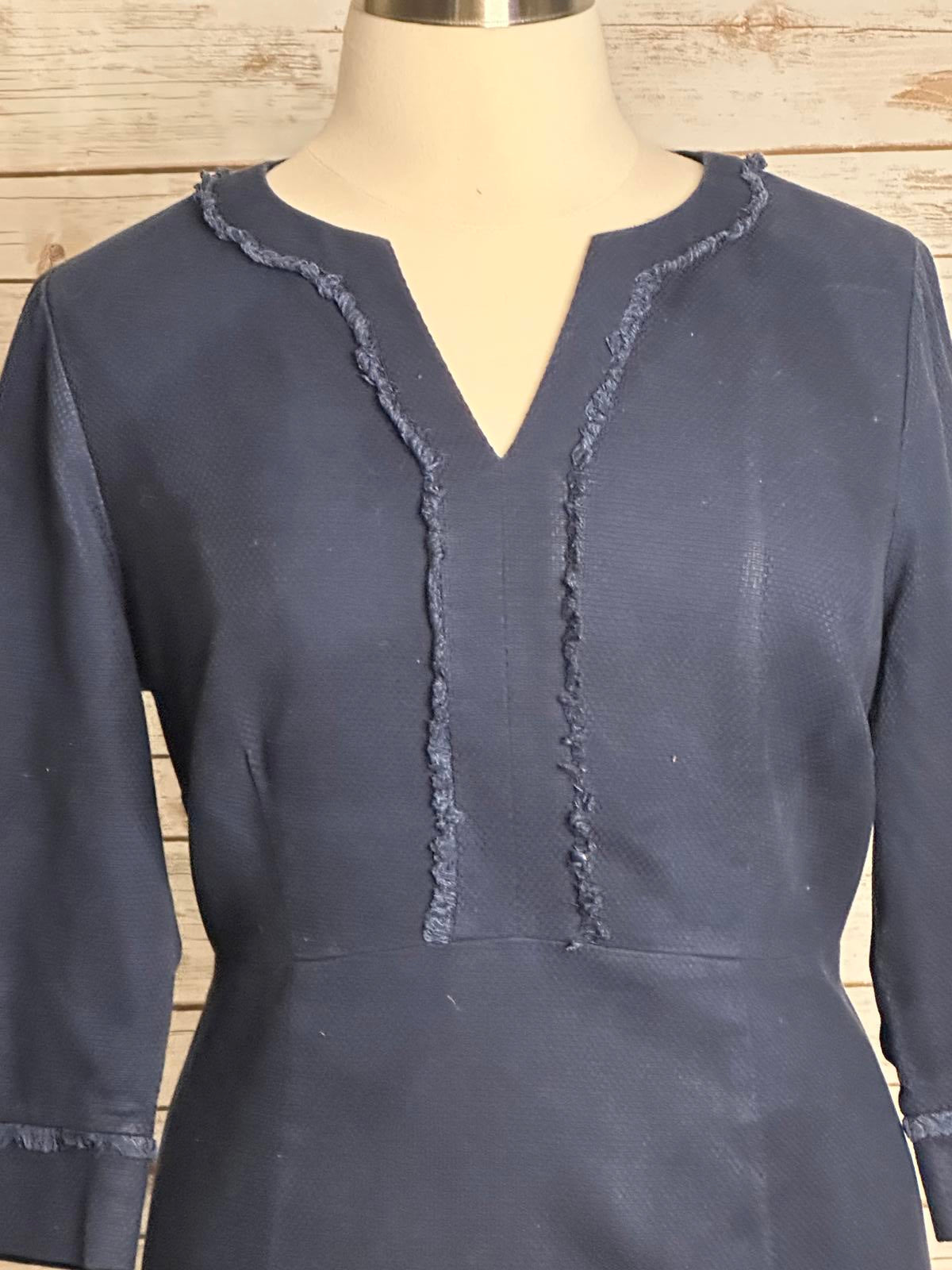 Boden navy blue office siren cotton frayed trimmed textured sheath dress Size 16