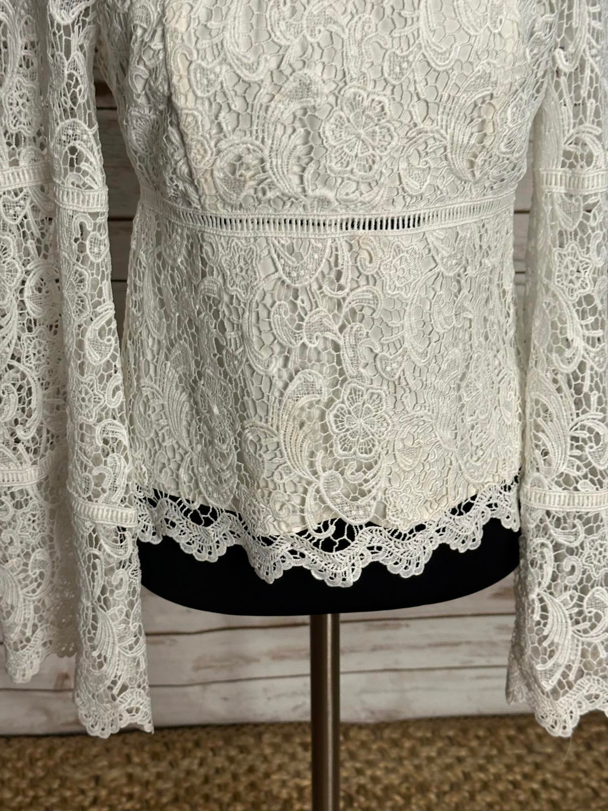 Bardot X REVOLVE Sansa white mock neck floral lace flared sleeve top Size 4