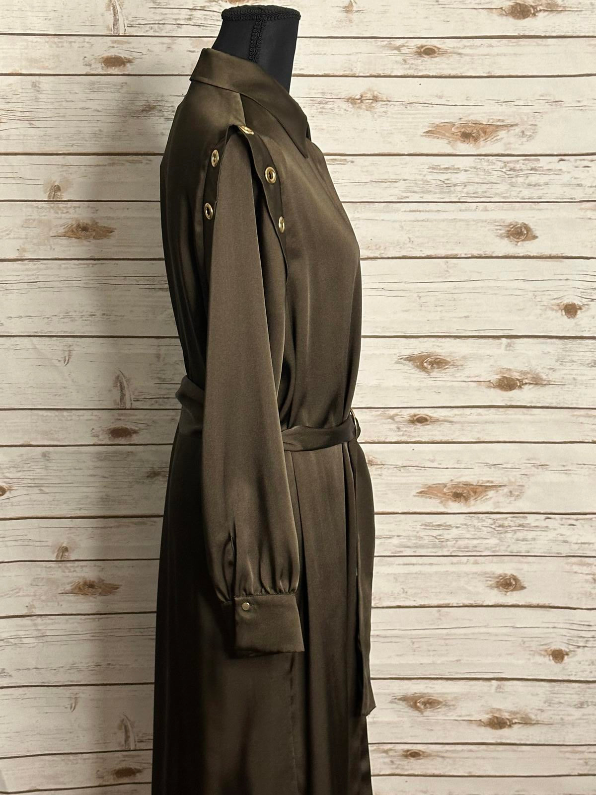Zara olive green satin grommet detail belted Ring Trim maxi shirtdress Size M