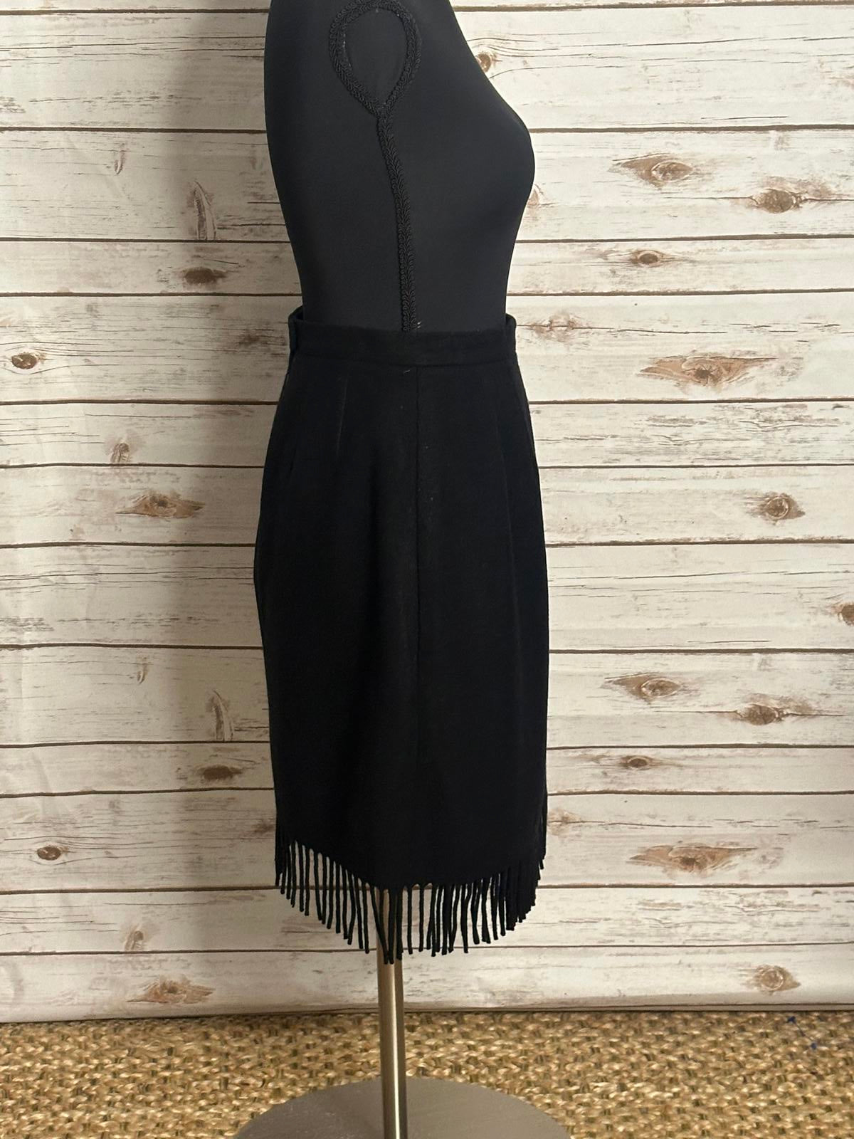 Vintage Carlisle office siren black wool wrap fringe pencil skirt Size 2