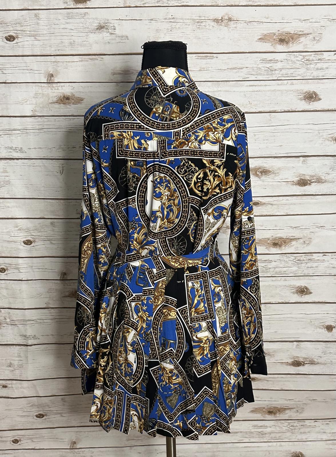 Fashion Nova baroque-style long sleeve button-up shirt/pleated skirt set Size S