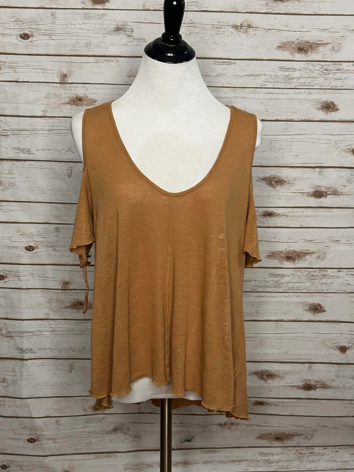 Free People tan lagenlook boho Bittersweet linen-blend cold shoulder top Size XS