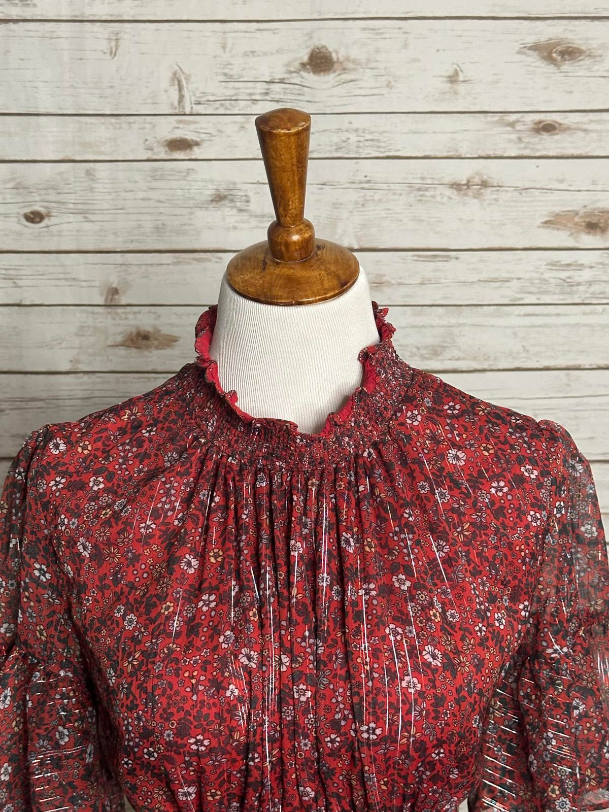 Anthropologie Ranna Gill red ditsy floral Franny smocked mini dress Size Small