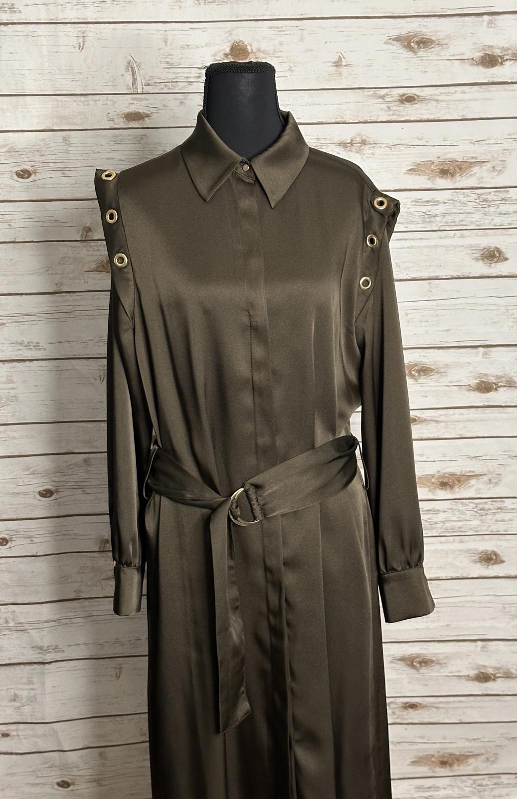 Zara olive green satin grommet detail belted Ring Trim maxi shirtdress Size M