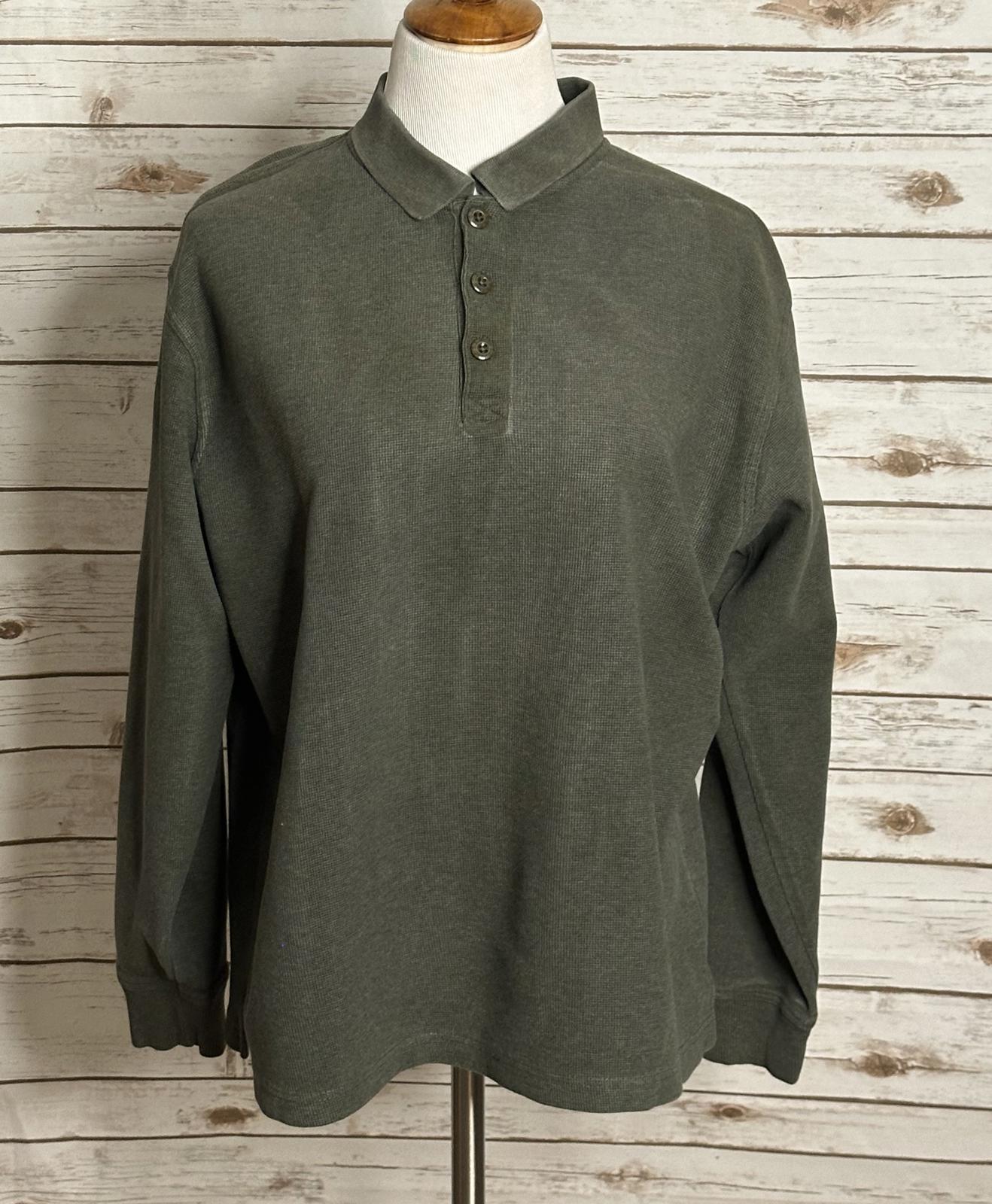 L.L.Bean olive green collared cotton thermal long sleeve polo/henley Size M-Reg