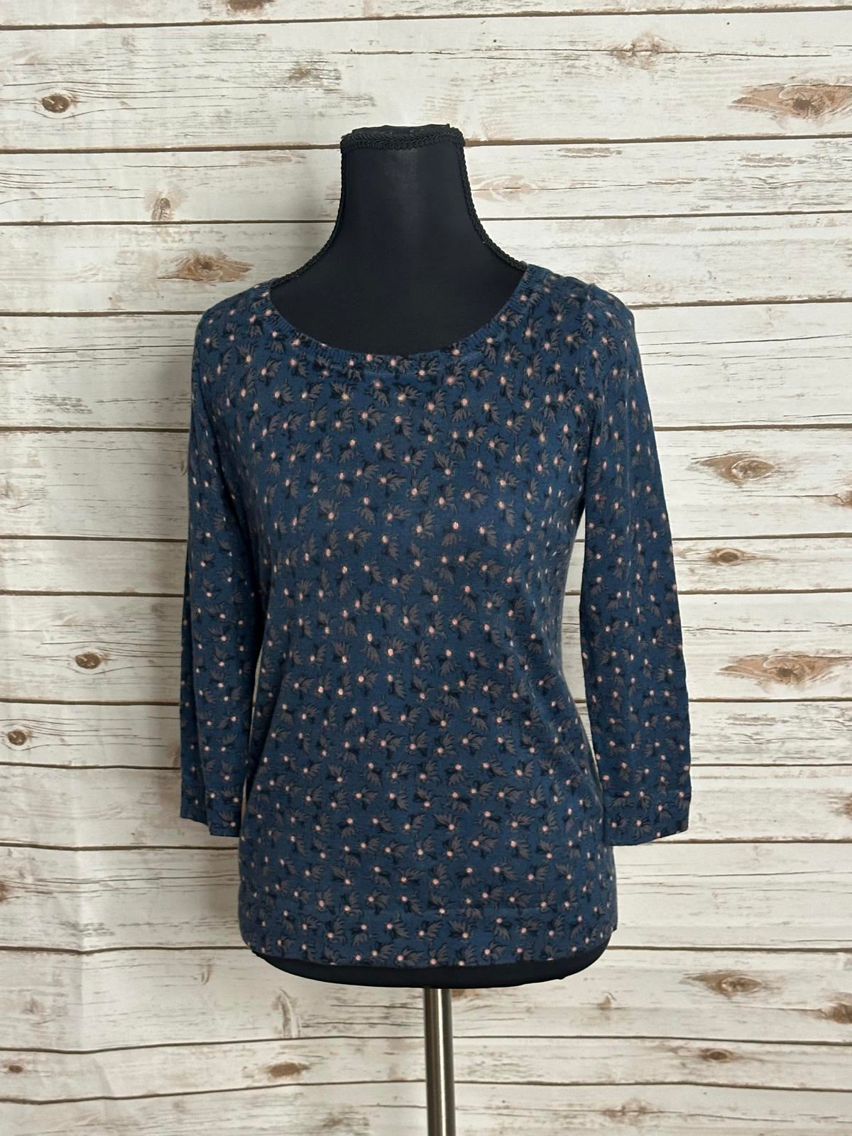 LOFT Petite blue floral cotton crew neck 3/4 length sleeve knit sweater Size XSP