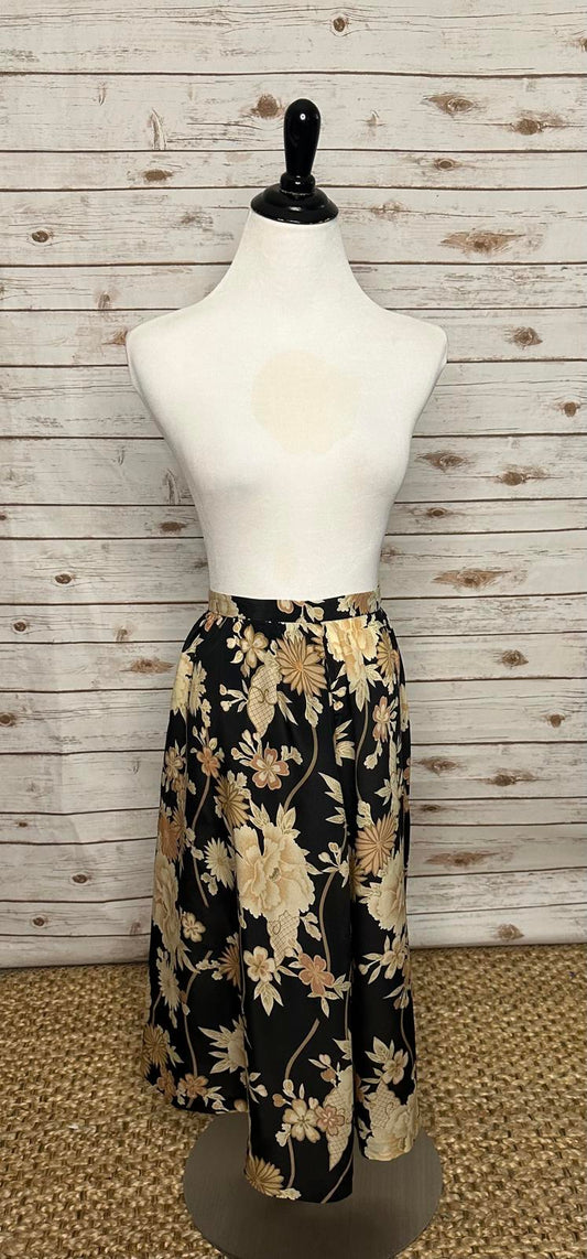 Vintage 80's Carole Little black/cream silk floral A-line midi skirt Size 6