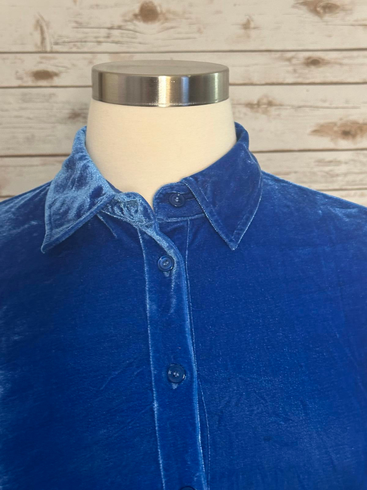 Soft Surroundings sapphire blue velvet button-down shirt Size PL