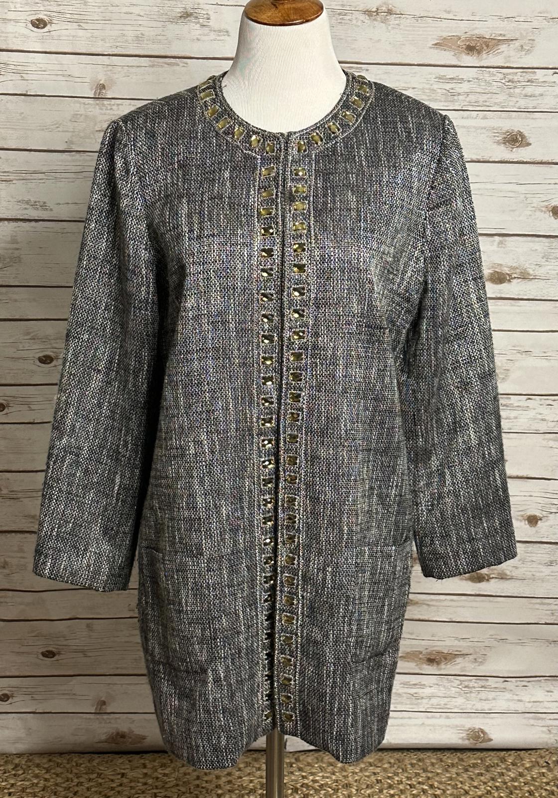 Chico's corpcore grey/black/white metallic tweed open front overcoat Size 2/Large/12