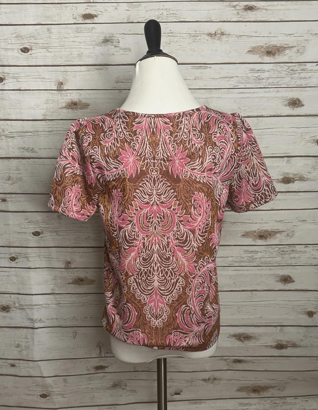 by Anthropologie metallic floral brocade short sleeve top Size Small