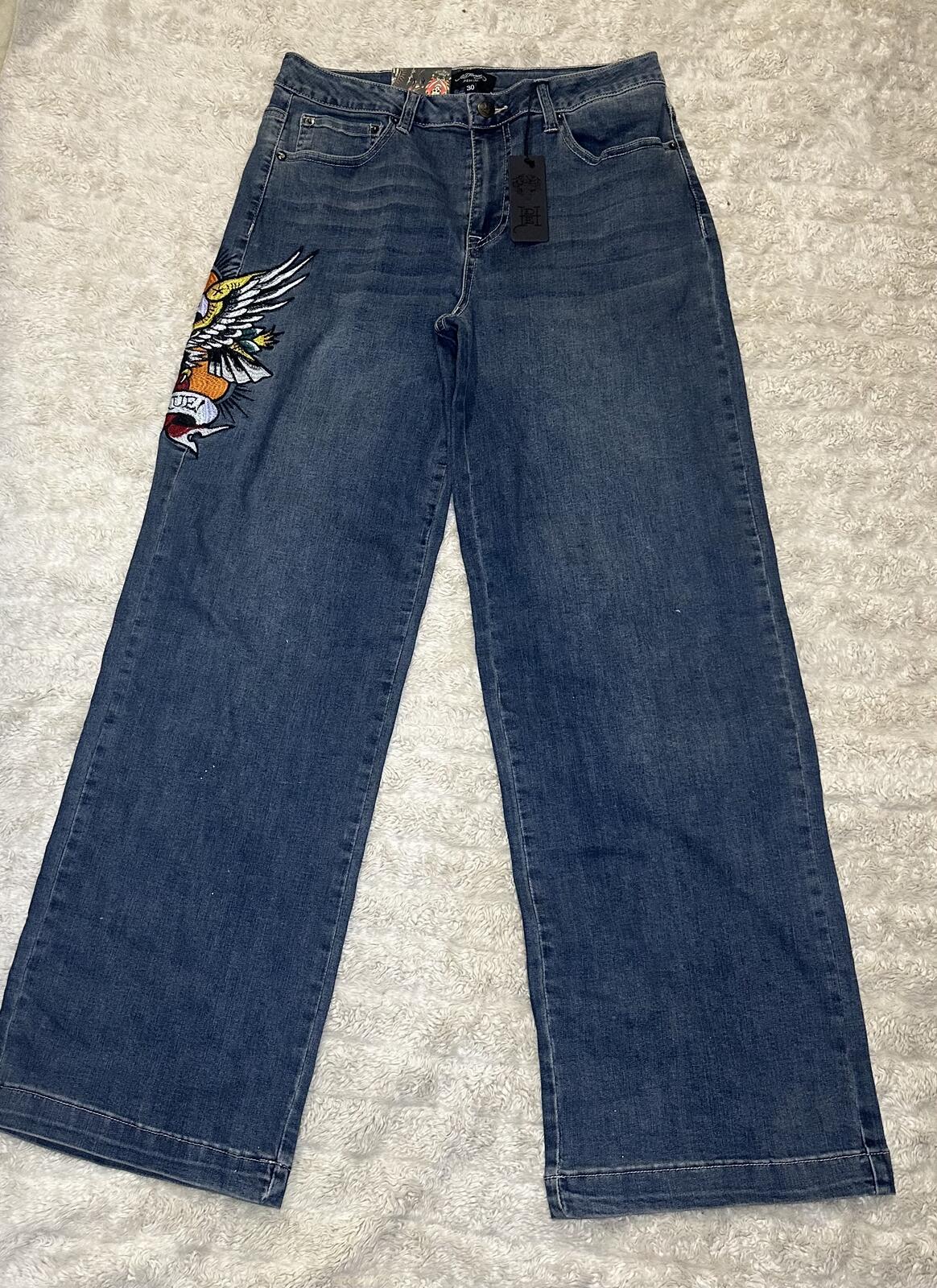 Ed Hardy medium wash embroidered eagle heart tattoo wide leg denim jeans Size 30