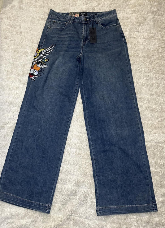 Ed Hardy medium wash embroidered eagle heart tattoo wide leg denim jeans Size 30