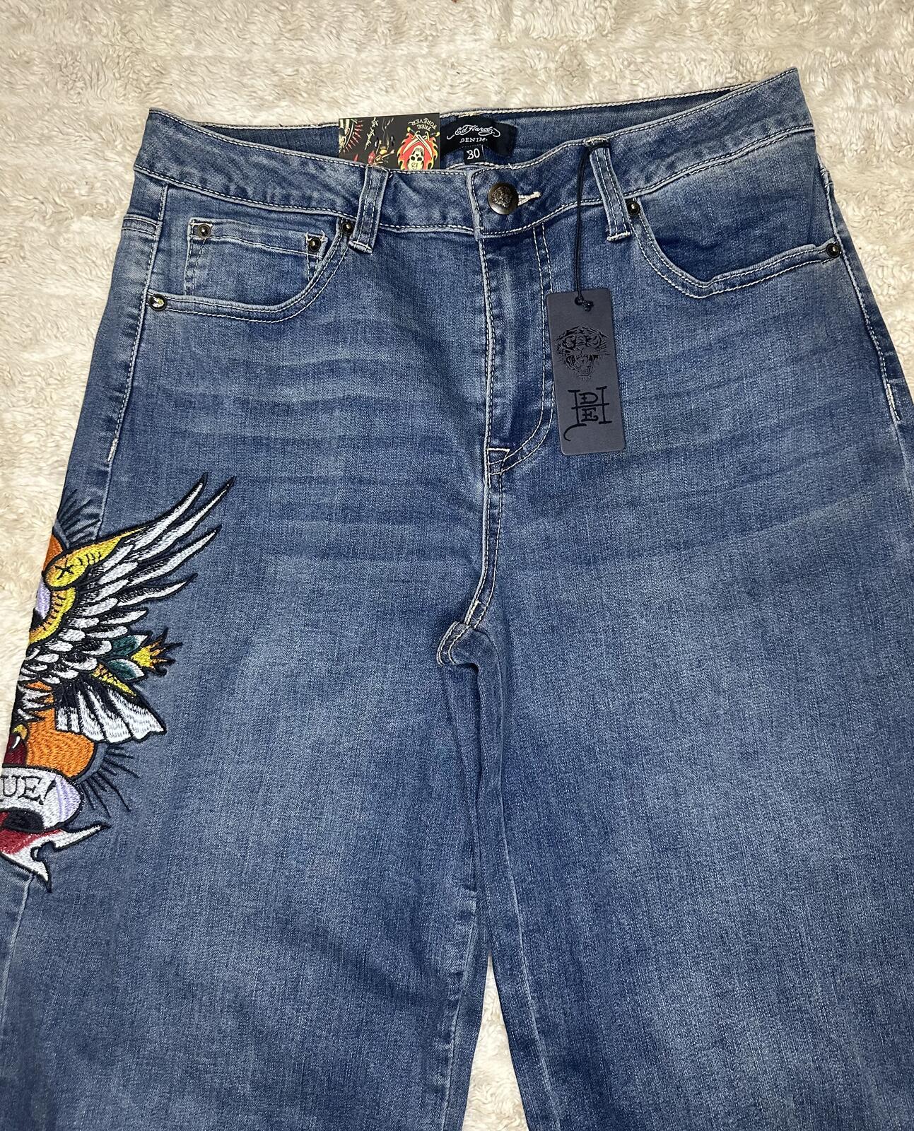 Ed Hardy medium wash embroidered eagle heart tattoo wide leg denim jeans Size 30