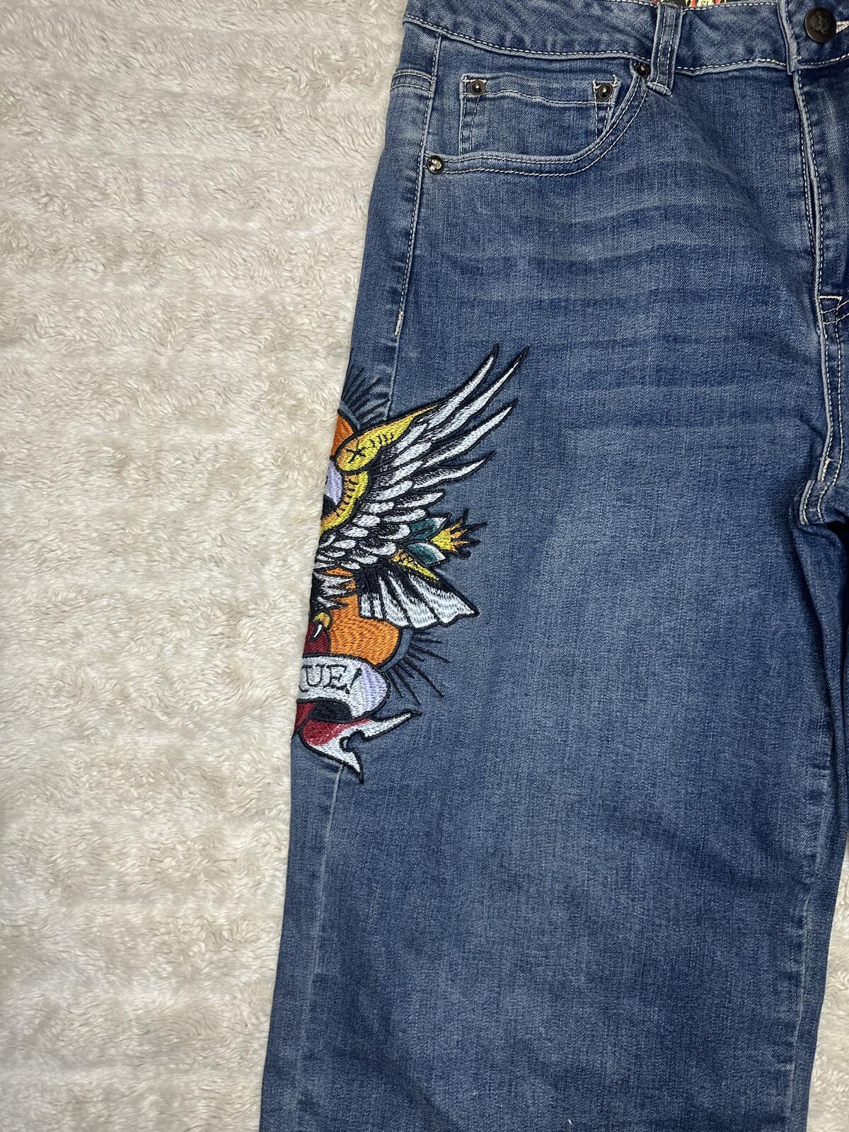 Ed Hardy medium wash embroidered eagle heart tattoo wide leg denim jeans Size 30