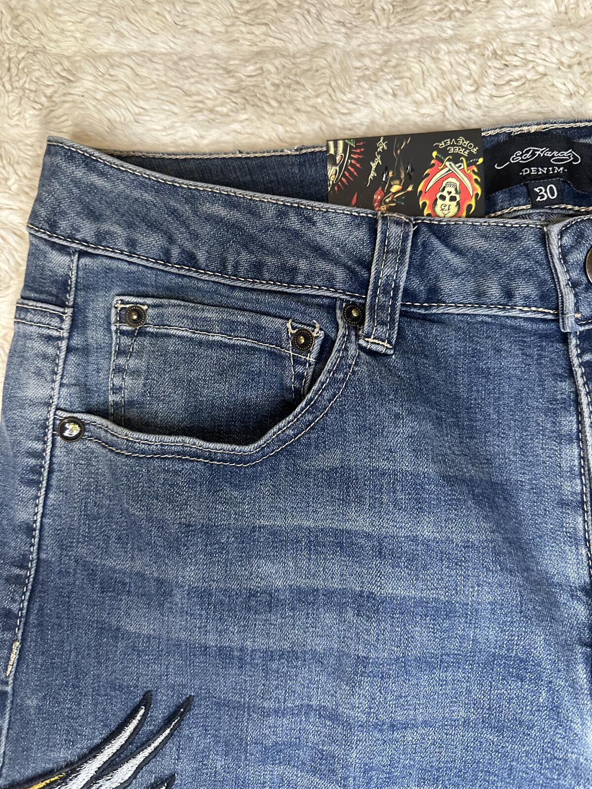 Ed Hardy medium wash embroidered eagle heart tattoo wide leg denim jeans Size 30