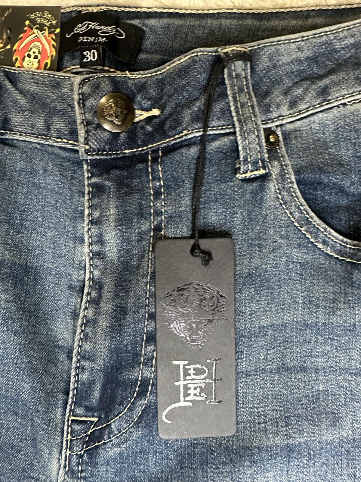 Ed Hardy medium wash embroidered eagle heart tattoo wide leg denim jeans Size 30